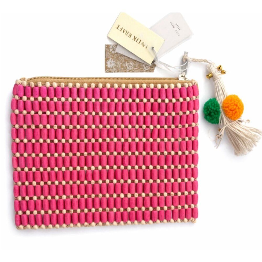 ANTIK KRAFT Pink Beaded Clutch with Tassle/Pom Poms - NWT